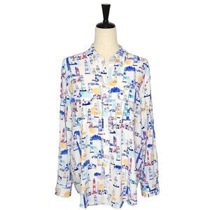 Chico's White Lighthouse Pattern Long Sleeve Button Down Shirt Size 2